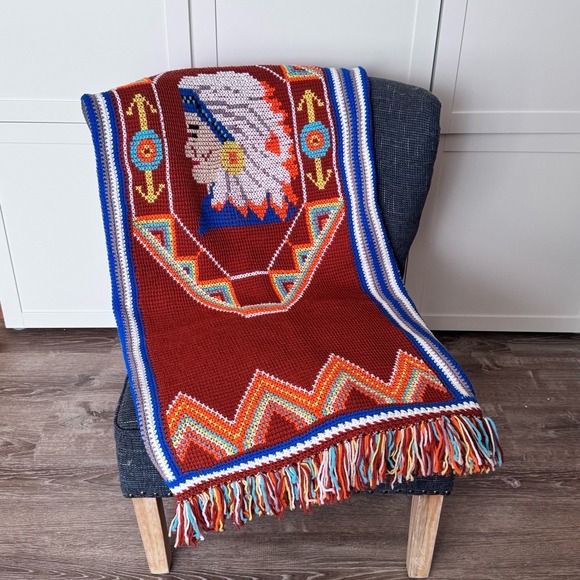 The Unbranded Brand Other - Vintage‎ Southwestern Crochet Afghan Throw 54x59 – Handmade Thunderbird Folk Art
